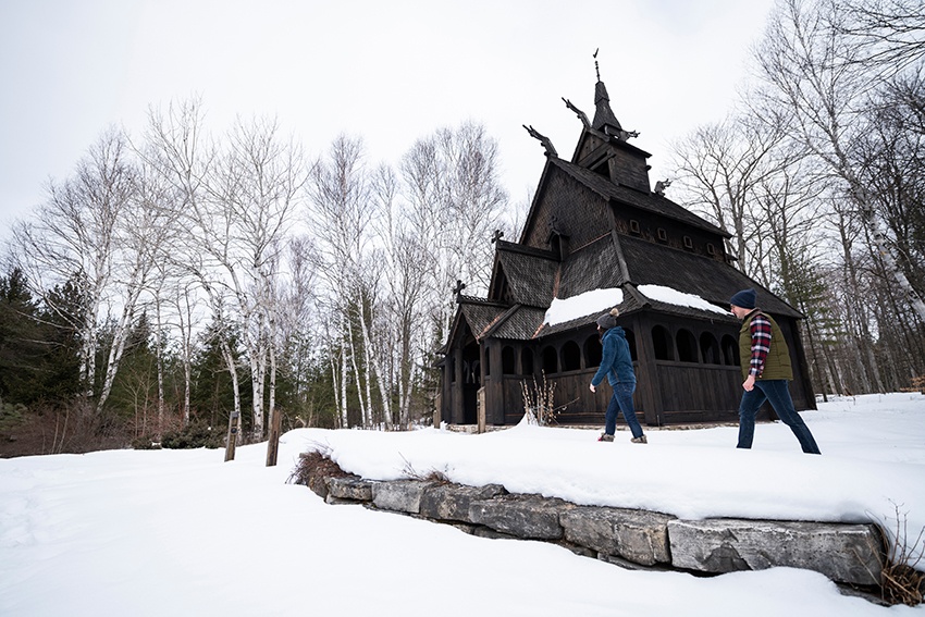 The Stavkirke Norwegian-style church in wintertime