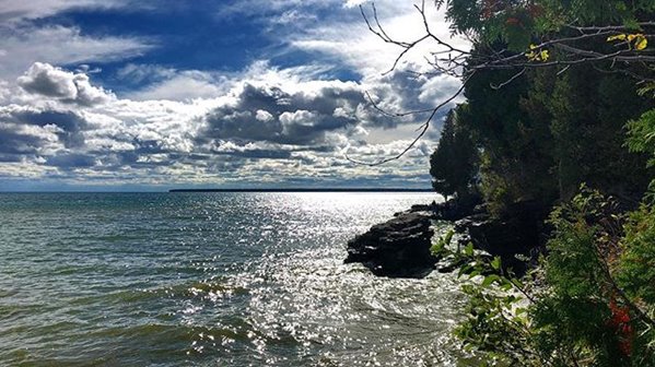 Tree-covered cliffs at the lakefront.