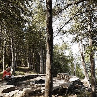 A person sitting on the rocks reading in the woods.