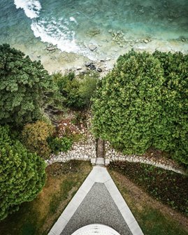 Aerial point of view looking down at tree tips and the waves crashing into the sandy beach
