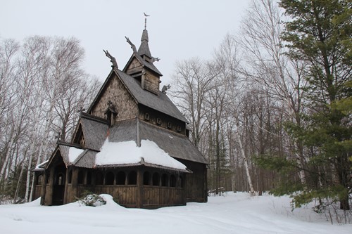 The Stavkirke in the snow.