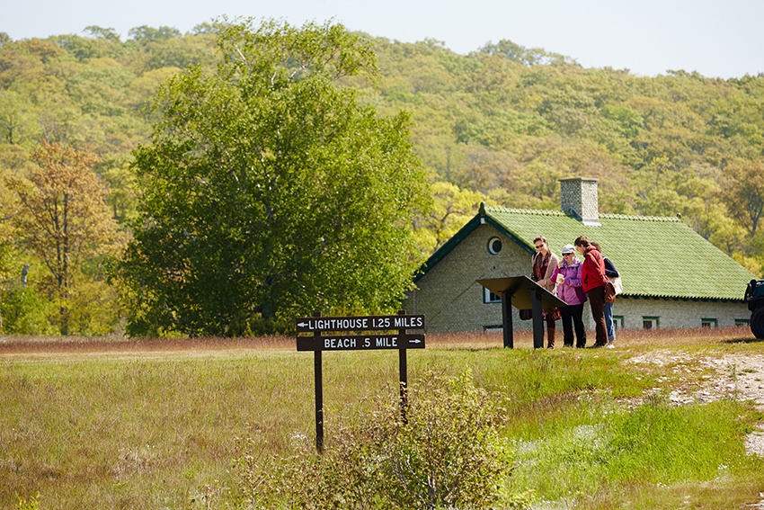 Friends search for geocaches along a meadow trail