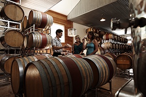 People standing near wine barrels.