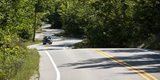 A Jeep driving up a winding tree-lined road